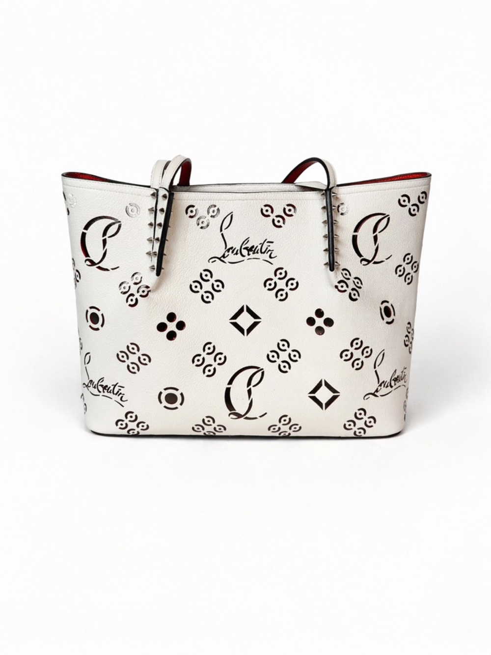 Christian Louboutin White Leather Laser-Cut Logo Tote with Red Interior Accents